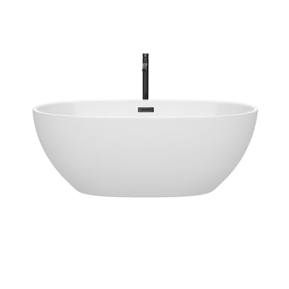 Wyndham Collection Juno 63" Freestanding Bathtub in White With Floor Mounted Faucet, Drain and Overflow Trim in Matte Black