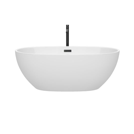 Wyndham Collection Juno 63" Freestanding Bathtub in White With Floor Mounted Faucet, Drain and Overflow Trim in Matte Black