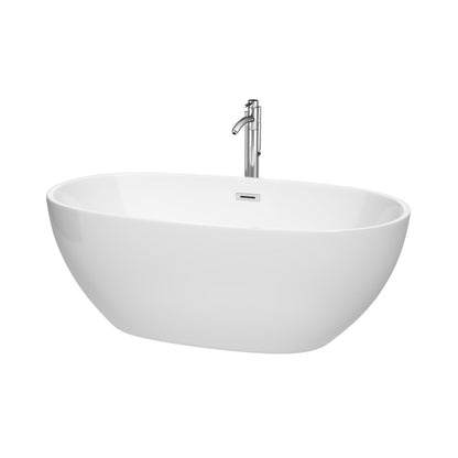 Wyndham Collection Juno 63" Freestanding Bathtub in White With Floor Mounted Faucet, Drain and Overflow Trim in Polished Chrome