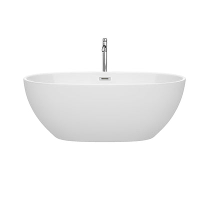 Wyndham Collection Juno 63" Freestanding Bathtub in White With Floor Mounted Faucet, Drain and Overflow Trim in Polished Chrome