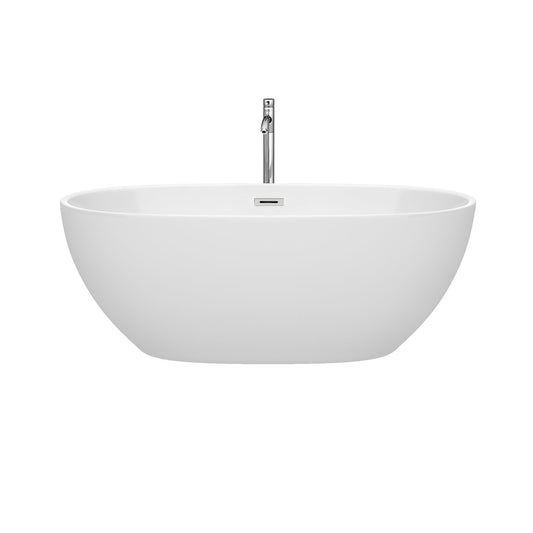 Wyndham Collection Juno 63" Freestanding Bathtub in White With Floor Mounted Faucet, Drain and Overflow Trim in Polished Chrome