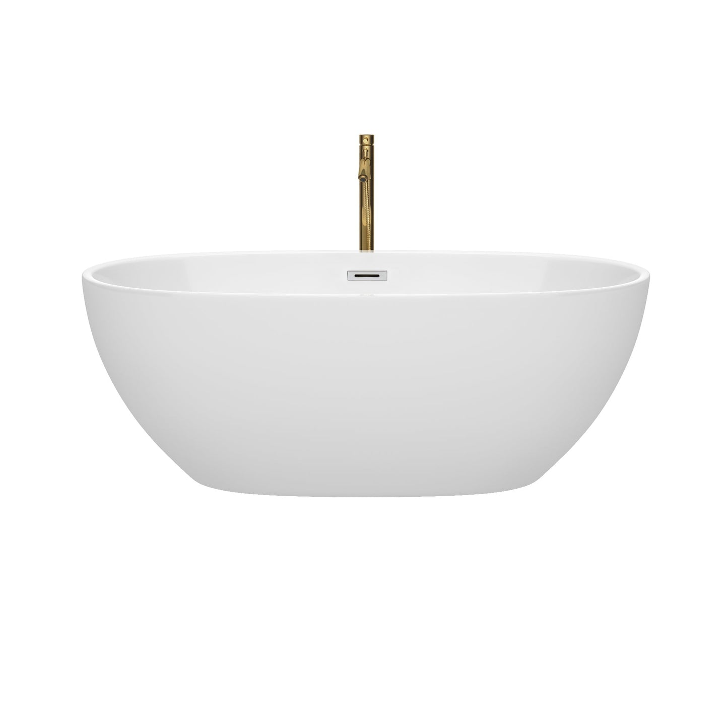 Wyndham Collection Juno 63" Freestanding Bathtub in White With Polished Chrome Trim and Floor Mounted Faucet in Brushed Gold