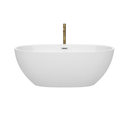 Wyndham Collection Juno 63" Freestanding Bathtub in White With Polished Chrome Trim and Floor Mounted Faucet in Brushed Gold