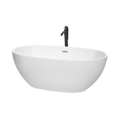 Wyndham Collection Juno 63" Freestanding Bathtub in White With Polished Chrome Trim and Floor Mounted Faucet in Matte Black