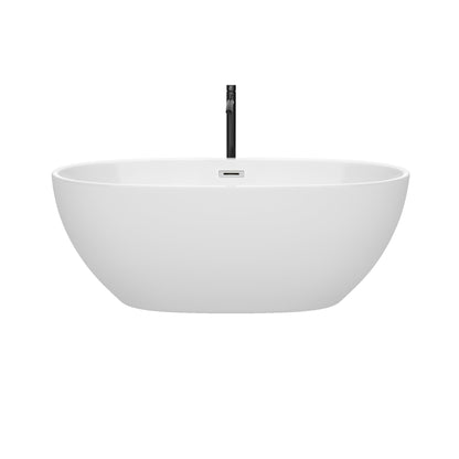 Wyndham Collection Juno 63" Freestanding Bathtub in White With Polished Chrome Trim and Floor Mounted Faucet in Matte Black