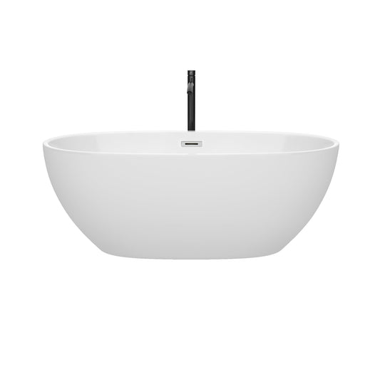 Wyndham Collection Juno 63" Freestanding Bathtub in White With Polished Chrome Trim and Floor Mounted Faucet in Matte Black