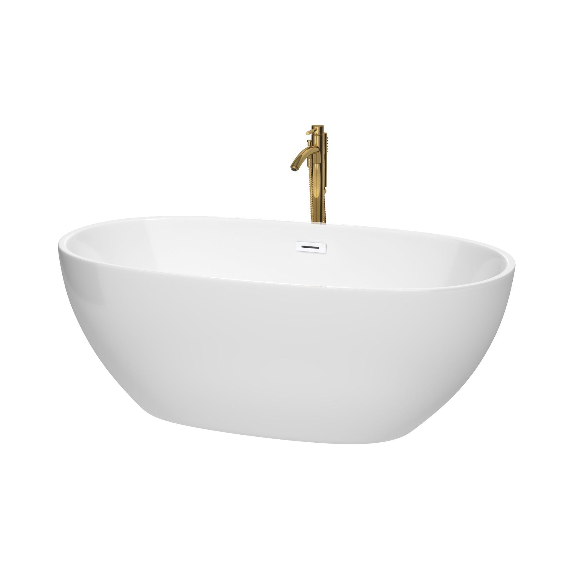 Wyndham Collection Juno 63" Freestanding Bathtub in White With Shiny White Trim and Floor Mounted Faucet in Brushed Gold