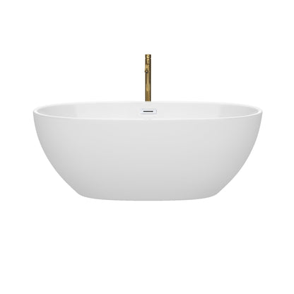 Wyndham Collection Juno 63" Freestanding Bathtub in White With Shiny White Trim and Floor Mounted Faucet in Brushed Gold