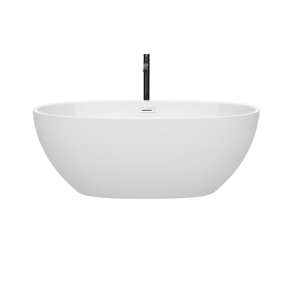 Wyndham Collection Juno 63" Freestanding Bathtub in White With Shiny White Trim and Floor Mounted Faucet in Matte Black