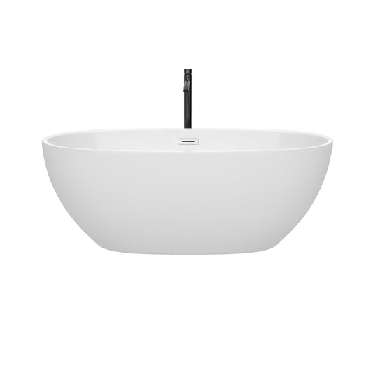 Wyndham Collection Juno 63" Freestanding Bathtub in White With Shiny White Trim and Floor Mounted Faucet in Matte Black