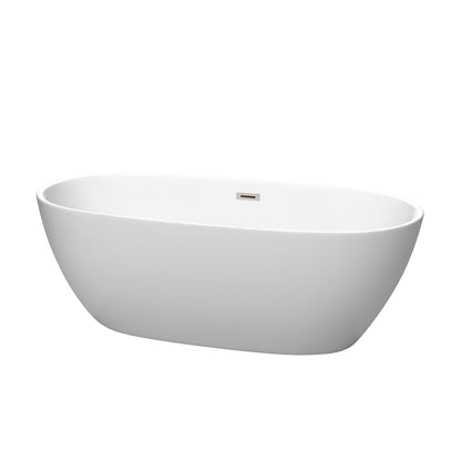 Wyndham Collection Juno 67" Freestanding Bathtub in Matte White With Brushed Nickel Drain and Overflow Trim