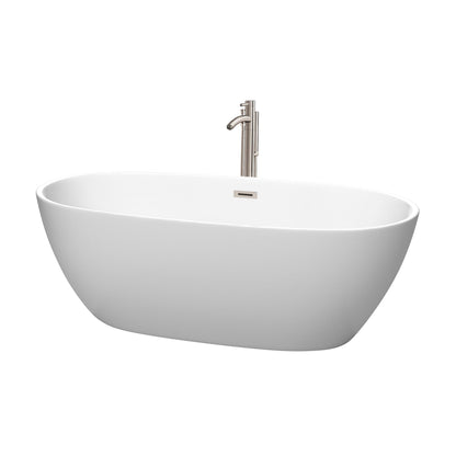 Wyndham Collection Juno 67" Freestanding Bathtub in Matte White With Floor Mounted Faucet, Drain and Overflow Trim in Brushed Nickel