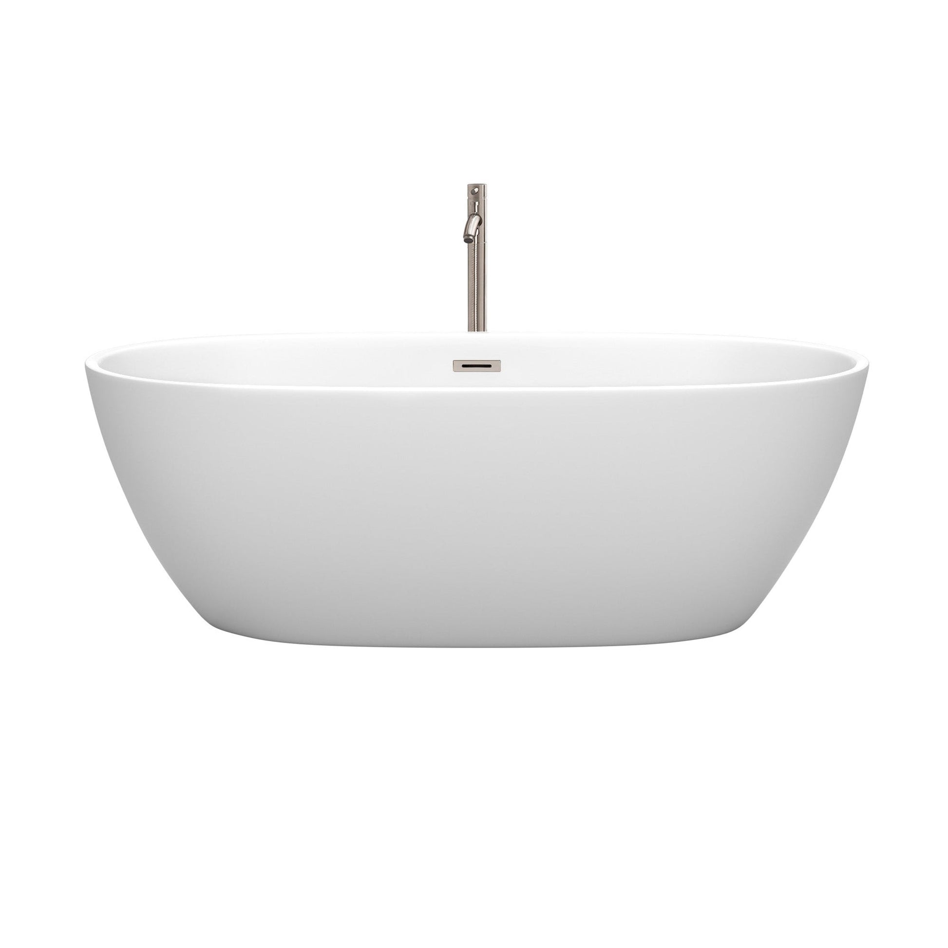 Wyndham Collection Juno 67" Freestanding Bathtub in Matte White With Floor Mounted Faucet, Drain and Overflow Trim in Brushed Nickel
