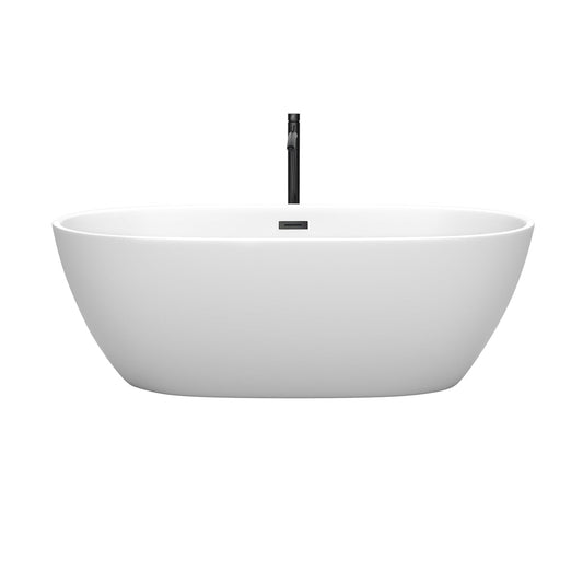 Wyndham Collection Juno 67" Freestanding Bathtub in Matte White With Floor Mounted Faucet, Drain and Overflow Trim in Matte Black