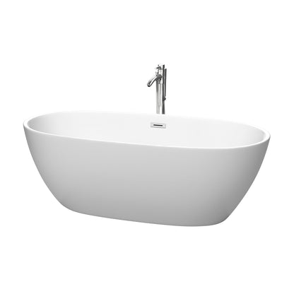 Wyndham Collection Juno 67" Freestanding Bathtub in Matte White With Floor Mounted Faucet, Drain and Overflow Trim in Polished Chrome