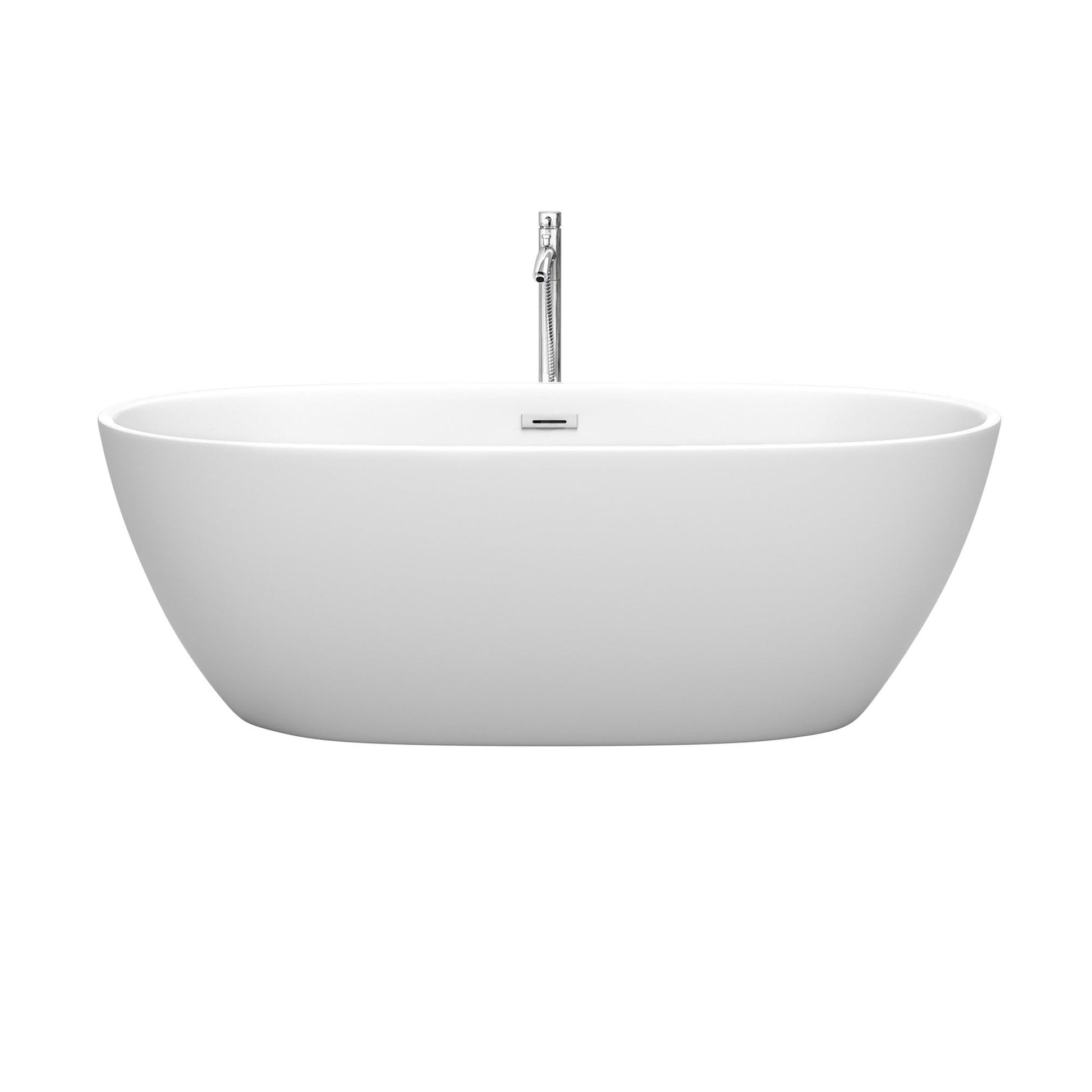 Wyndham Collection Juno 67" Freestanding Bathtub in Matte White With Floor Mounted Faucet, Drain and Overflow Trim in Polished Chrome