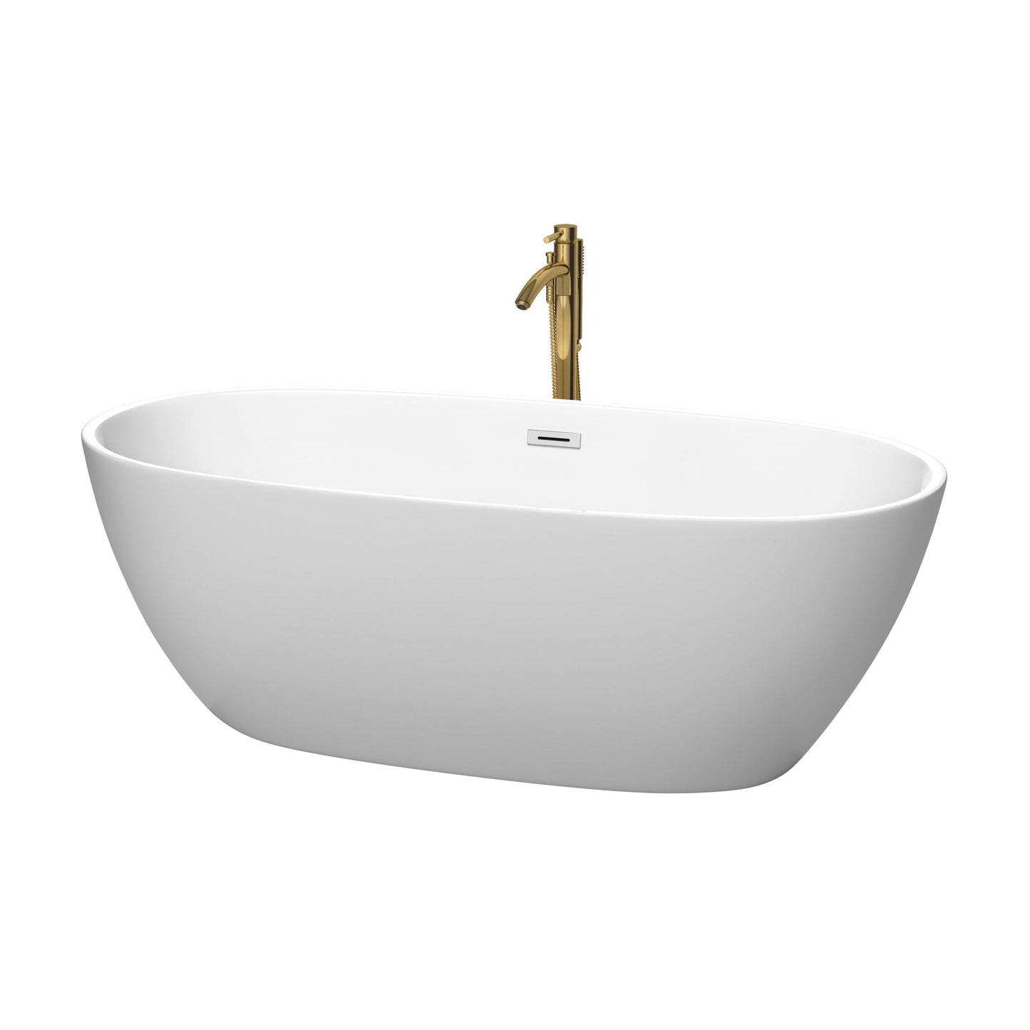 Wyndham Collection Juno 67" Freestanding Bathtub in Matte White With Polished Chrome Trim and Floor Mounted Faucet in Brushed Gold