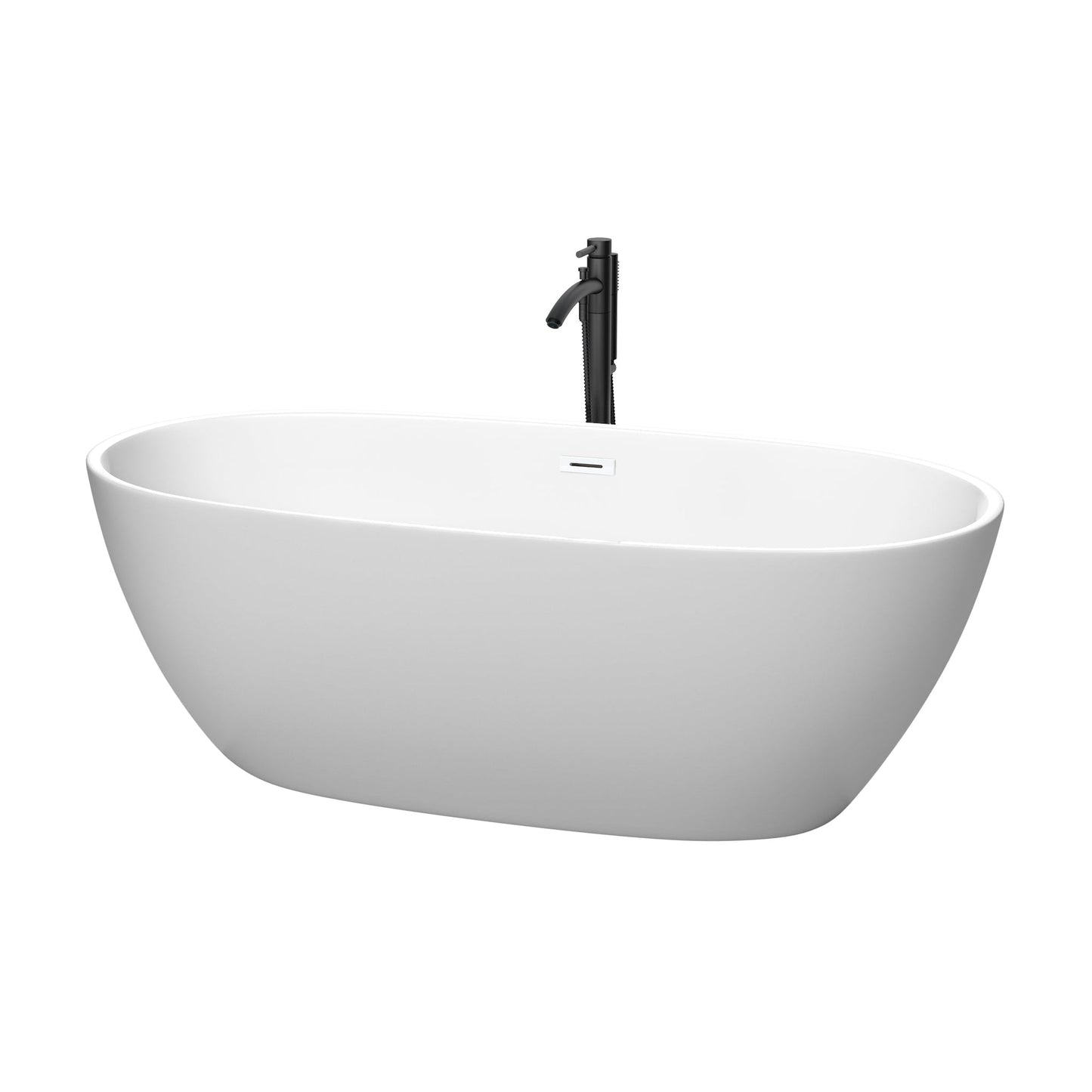 Wyndham Collection Juno 67" Freestanding Bathtub in Matte White With Shiny White Trim and Floor Mounted Faucet in Matte Black