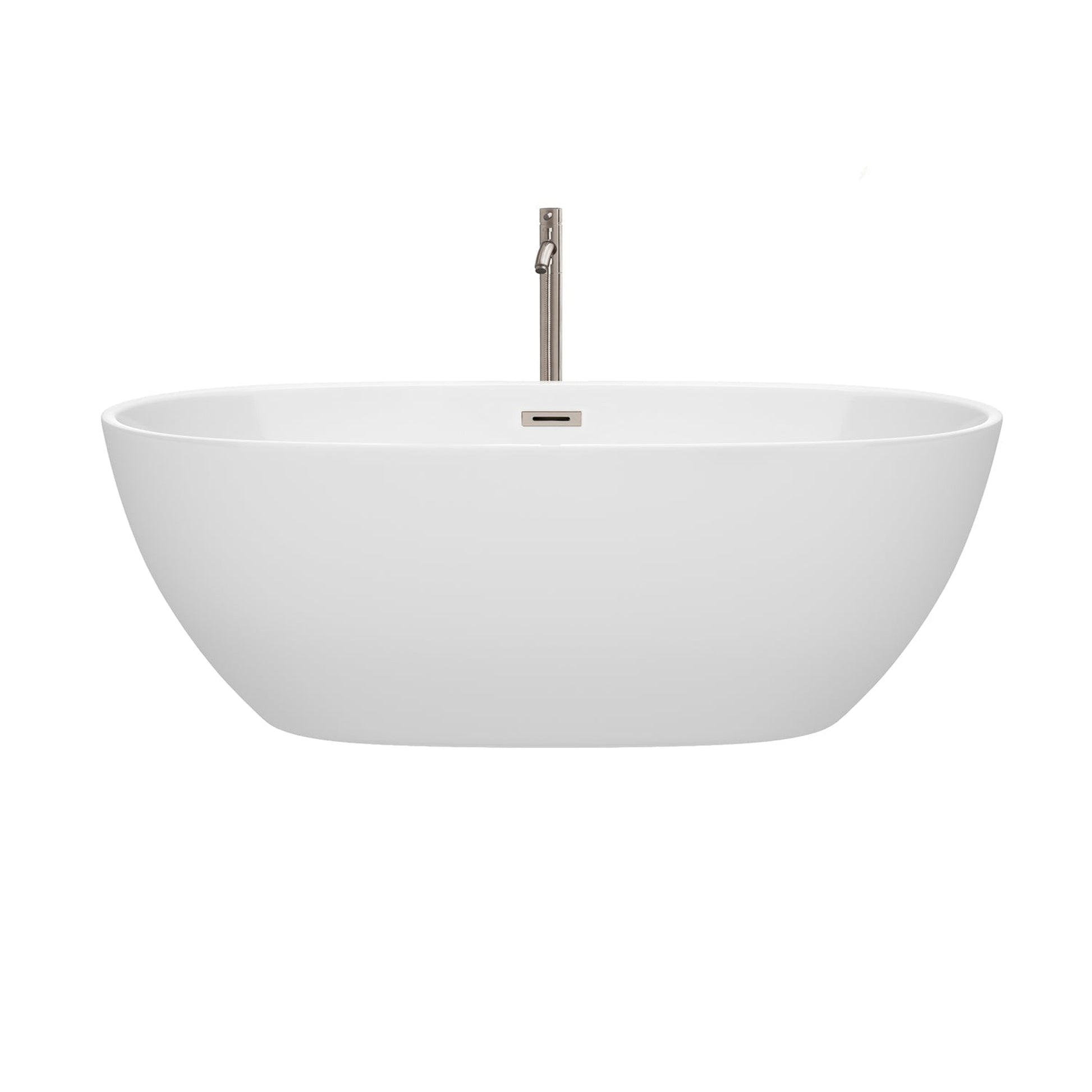 Wyndham Collection Juno 67" Freestanding Bathtub in White With Floor Mounted Faucet, Drain and Overflow Trim in Brushed Nickel