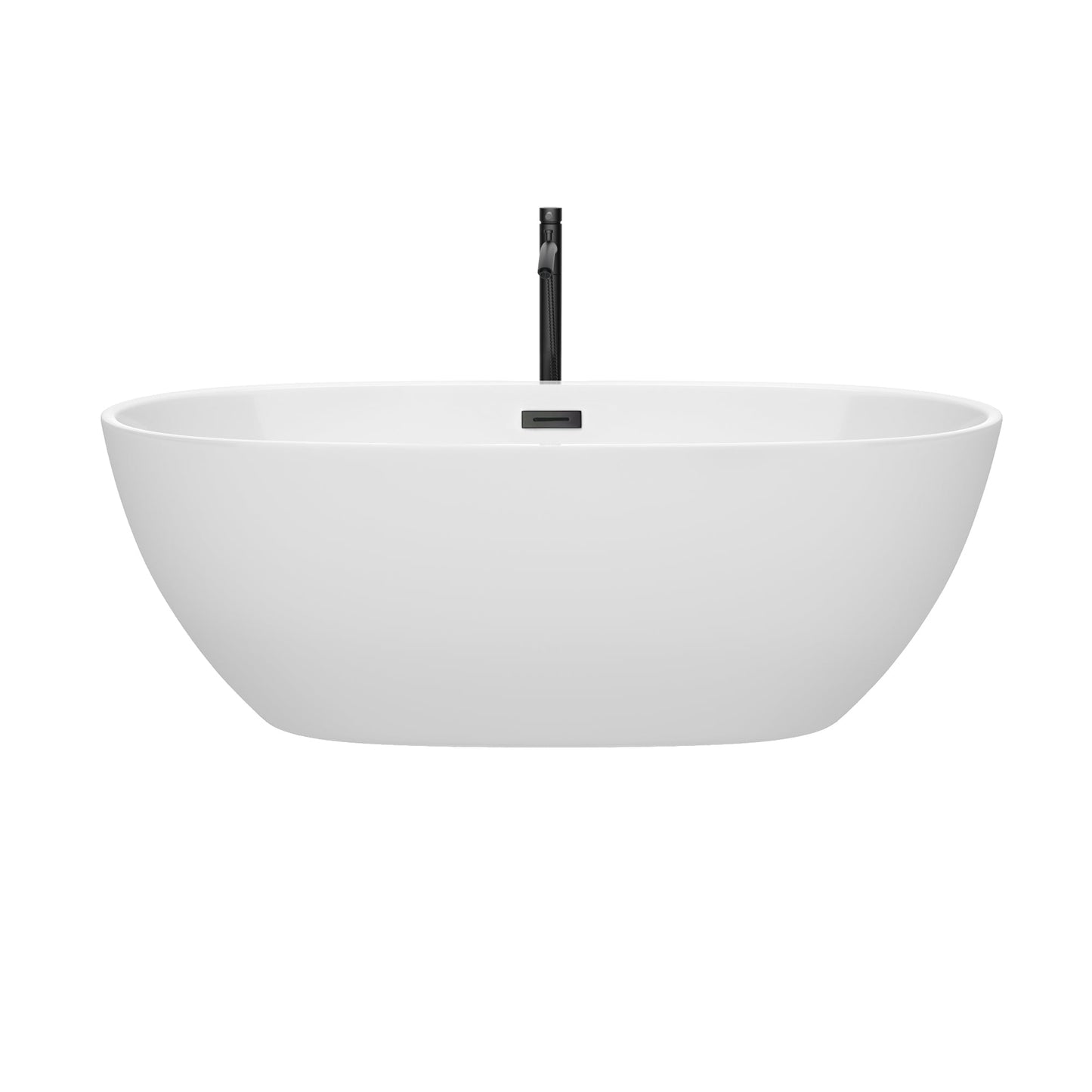 Wyndham Collection Juno 67" Freestanding Bathtub in White With Floor Mounted Faucet, Drain and Overflow Trim in Matte Black