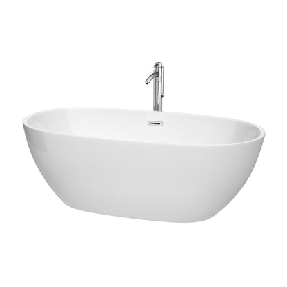 Wyndham Collection Juno 67" Freestanding Bathtub in White With Floor Mounted Faucet, Drain and Overflow Trim in Polished Chrome