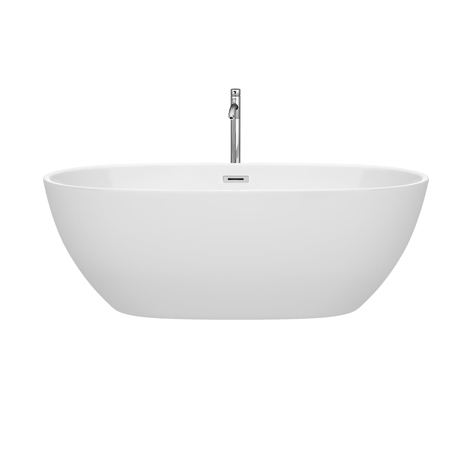 Wyndham Collection Juno 67" Freestanding Bathtub in White With Floor Mounted Faucet, Drain and Overflow Trim in Polished Chrome