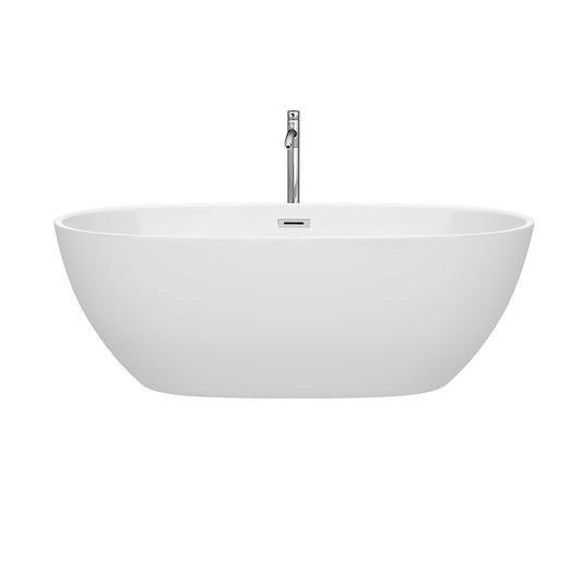 Wyndham Collection Juno 67" Freestanding Bathtub in White With Floor Mounted Faucet, Drain and Overflow Trim in Polished Chrome