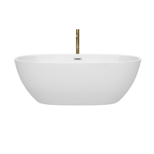 Wyndham Collection Juno 67" Freestanding Bathtub in White With Polished Chrome Trim and Floor Mounted Faucet in Brushed Gold