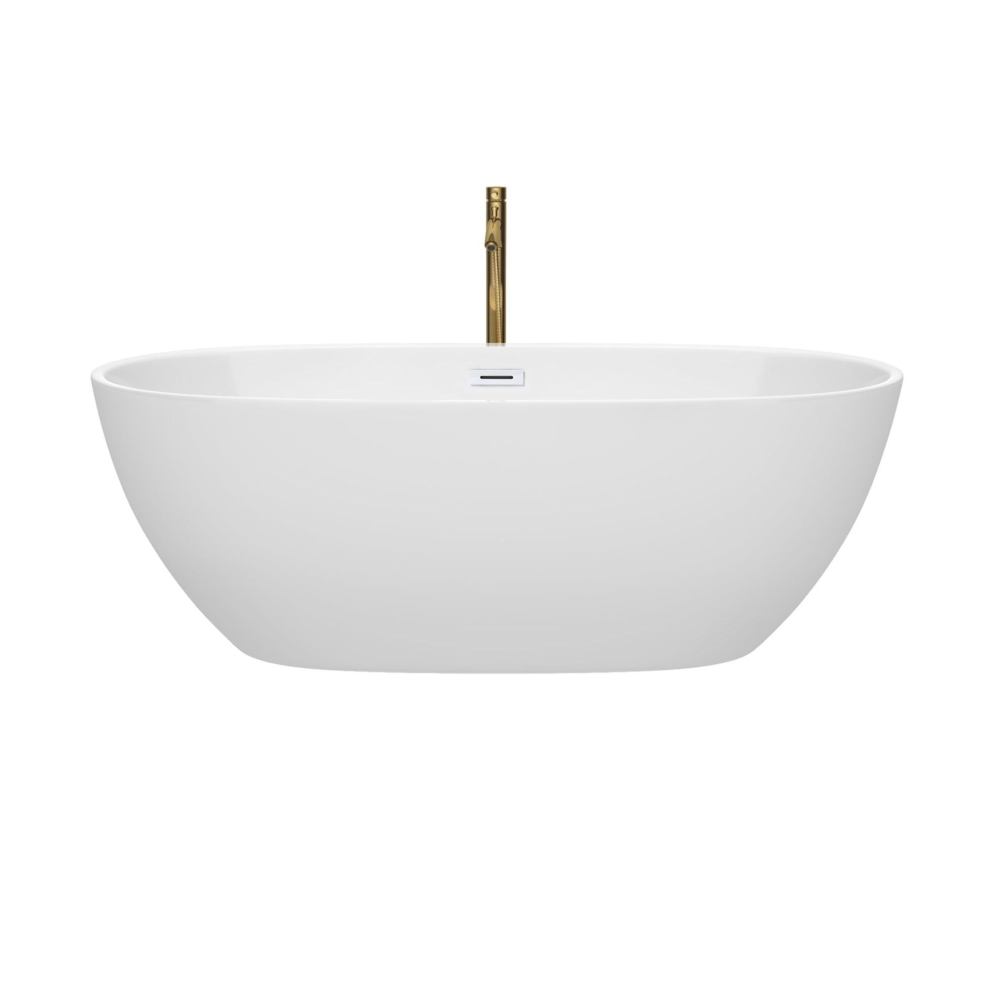 Wyndham Collection Juno 67" Freestanding Bathtub in White With Shiny White Trim and Floor Mounted Faucet in Brushed Gold