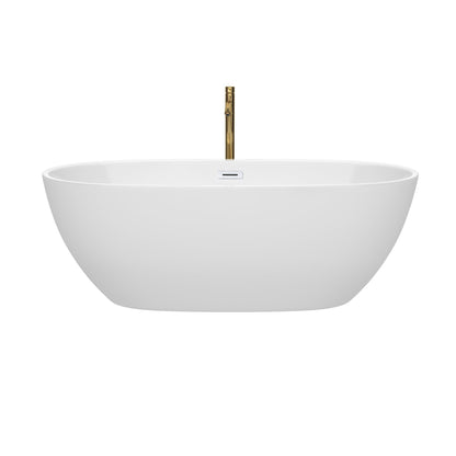 Wyndham Collection Juno 67" Freestanding Bathtub in White With Shiny White Trim and Floor Mounted Faucet in Brushed Gold