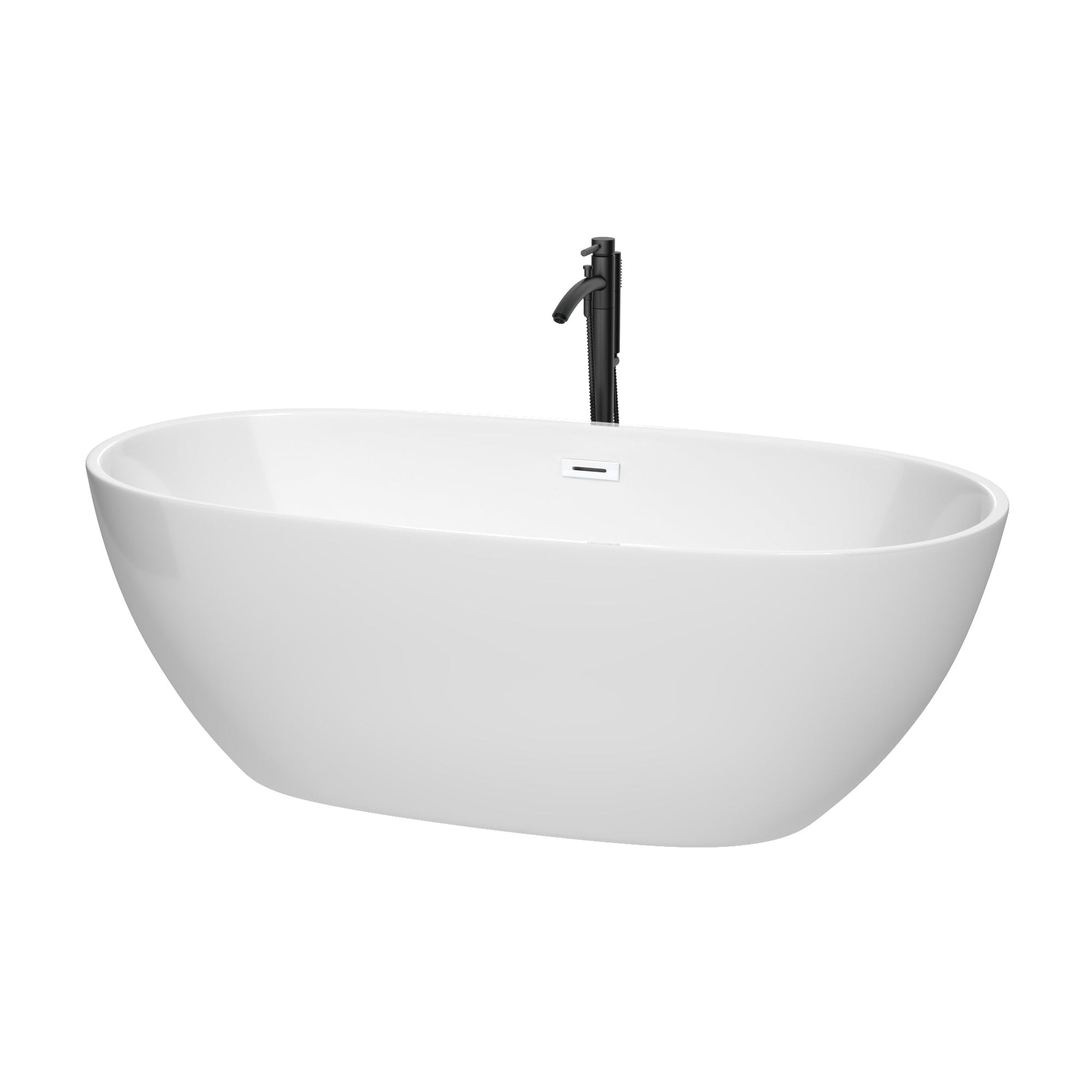 Wyndham Collection Juno 67" Freestanding Bathtub in White With Shiny White Trim and Floor Mounted Faucet in Matte Black