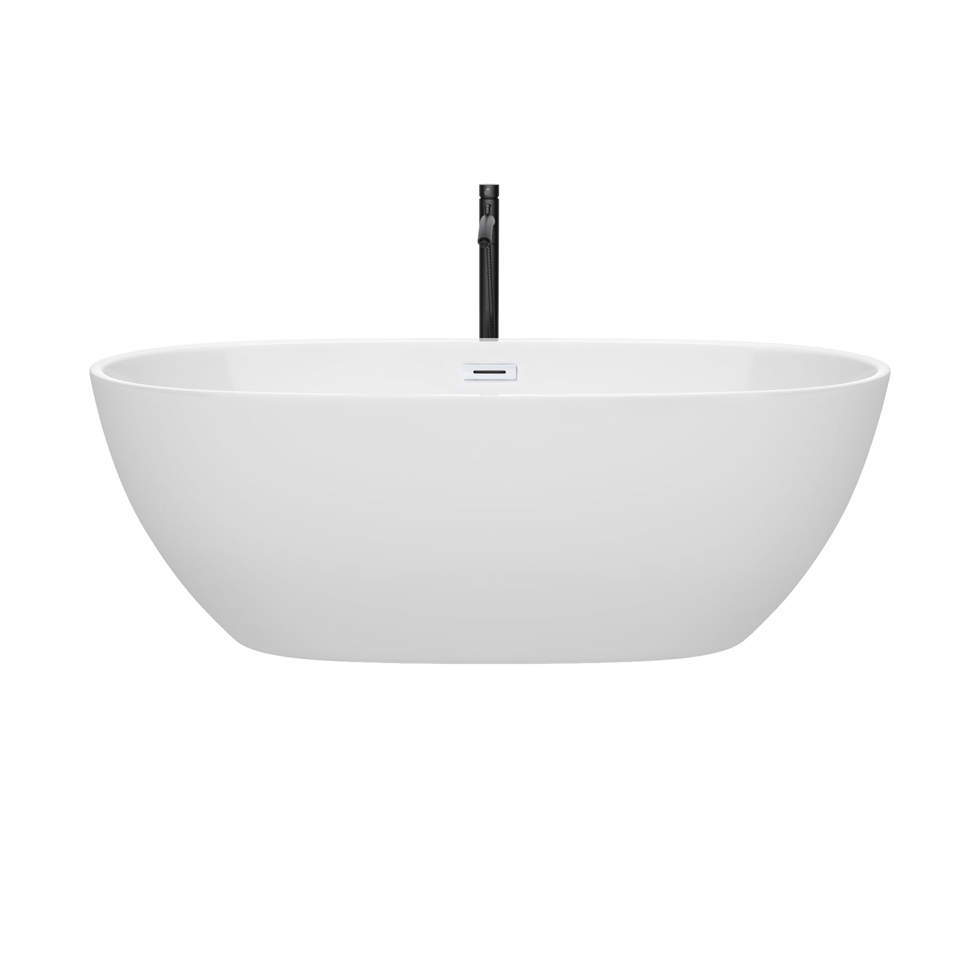 Wyndham Collection Juno 67" Freestanding Bathtub in White With Shiny White Trim and Floor Mounted Faucet in Matte Black