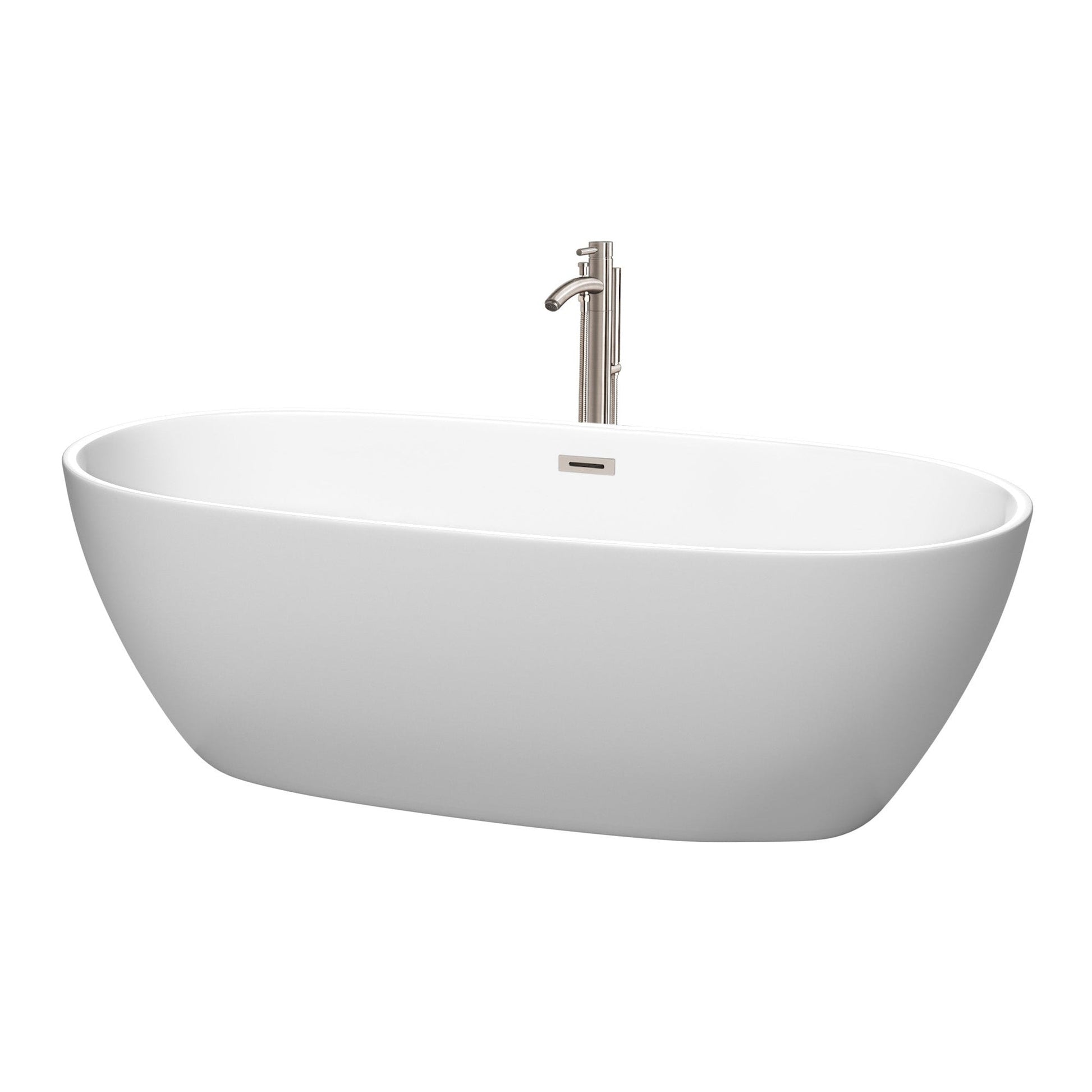 Wyndham Collection Juno 71" Freestanding Bathtub in Matte White With Floor Mounted Faucet, Drain and Overflow Trim in Brushed Nickel