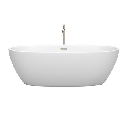 Wyndham Collection Juno 71" Freestanding Bathtub in Matte White With Floor Mounted Faucet, Drain and Overflow Trim in Brushed Nickel