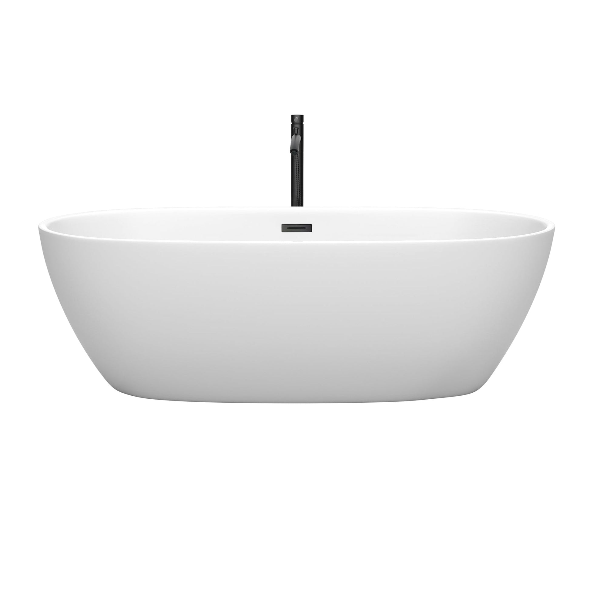 Wyndham Collection Juno 71" Freestanding Bathtub in Matte White With Floor Mounted Faucet, Drain and Overflow Trim in Matte Black