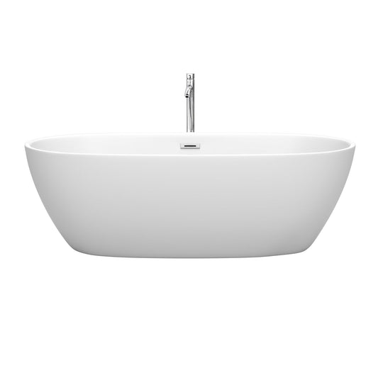 Wyndham Collection Juno 71" Freestanding Bathtub in Matte White With Floor Mounted Faucet, Drain and Overflow Trim in Polished Chrome