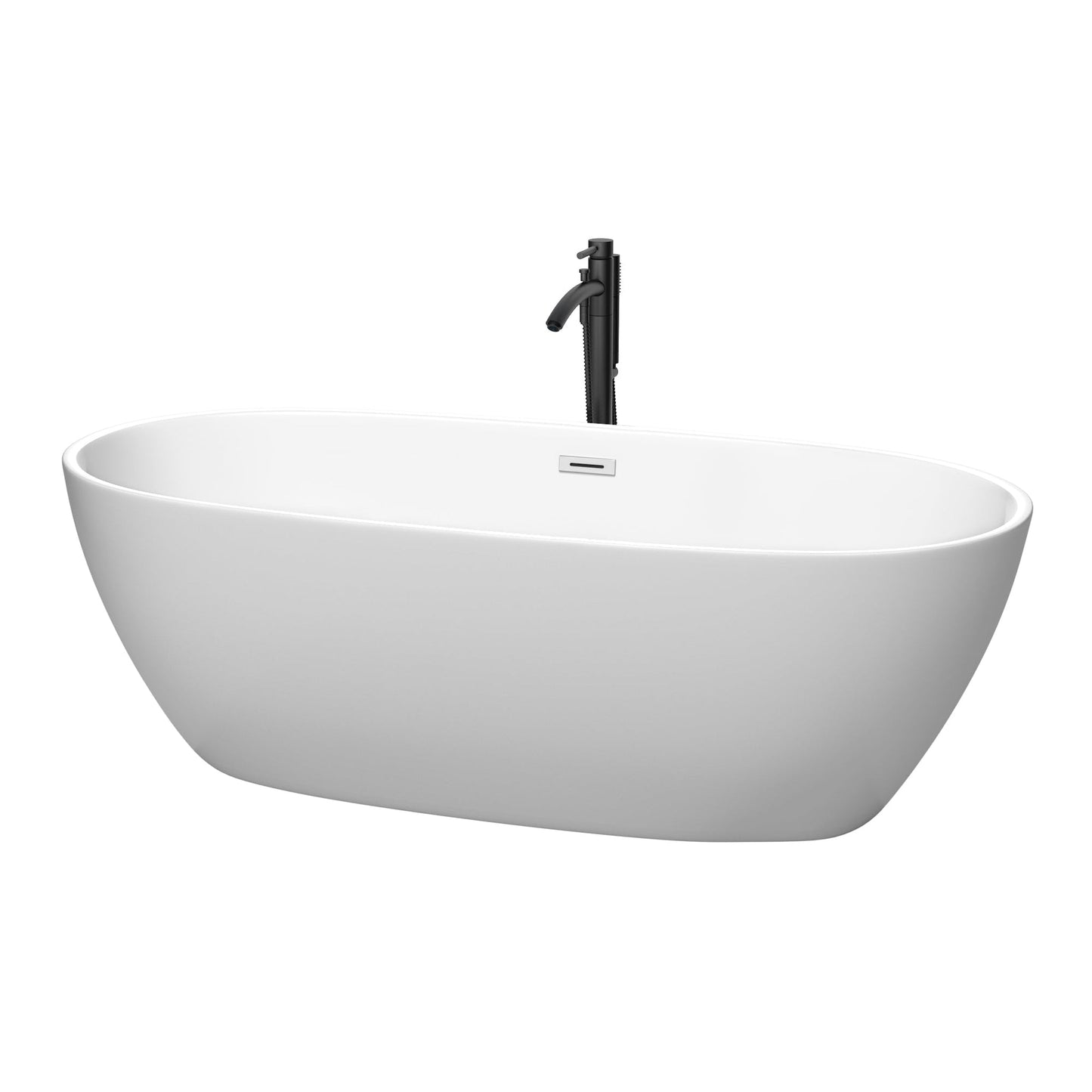 Wyndham Collection Juno 71" Freestanding Bathtub in Matte White With Polished Chrome Trim and Floor Mounted Faucet in Matte Black