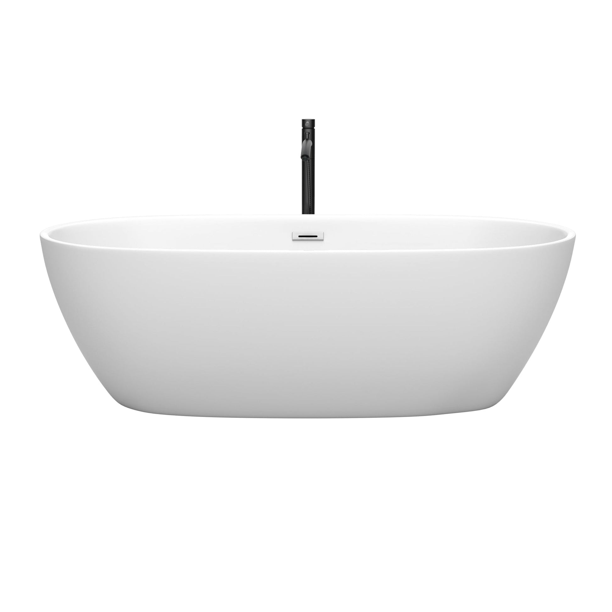 Wyndham Collection Juno 71" Freestanding Bathtub in Matte White With Polished Chrome Trim and Floor Mounted Faucet in Matte Black