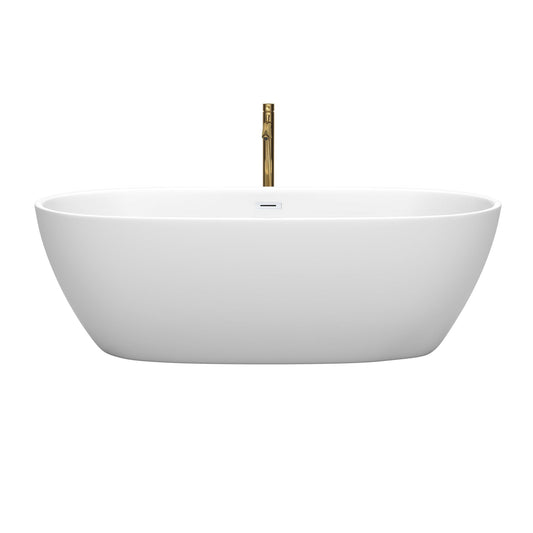 Wyndham Collection Juno 71" Freestanding Bathtub in Matte White With Shiny White Trim and Floor Mounted Faucet in Brushed Gold