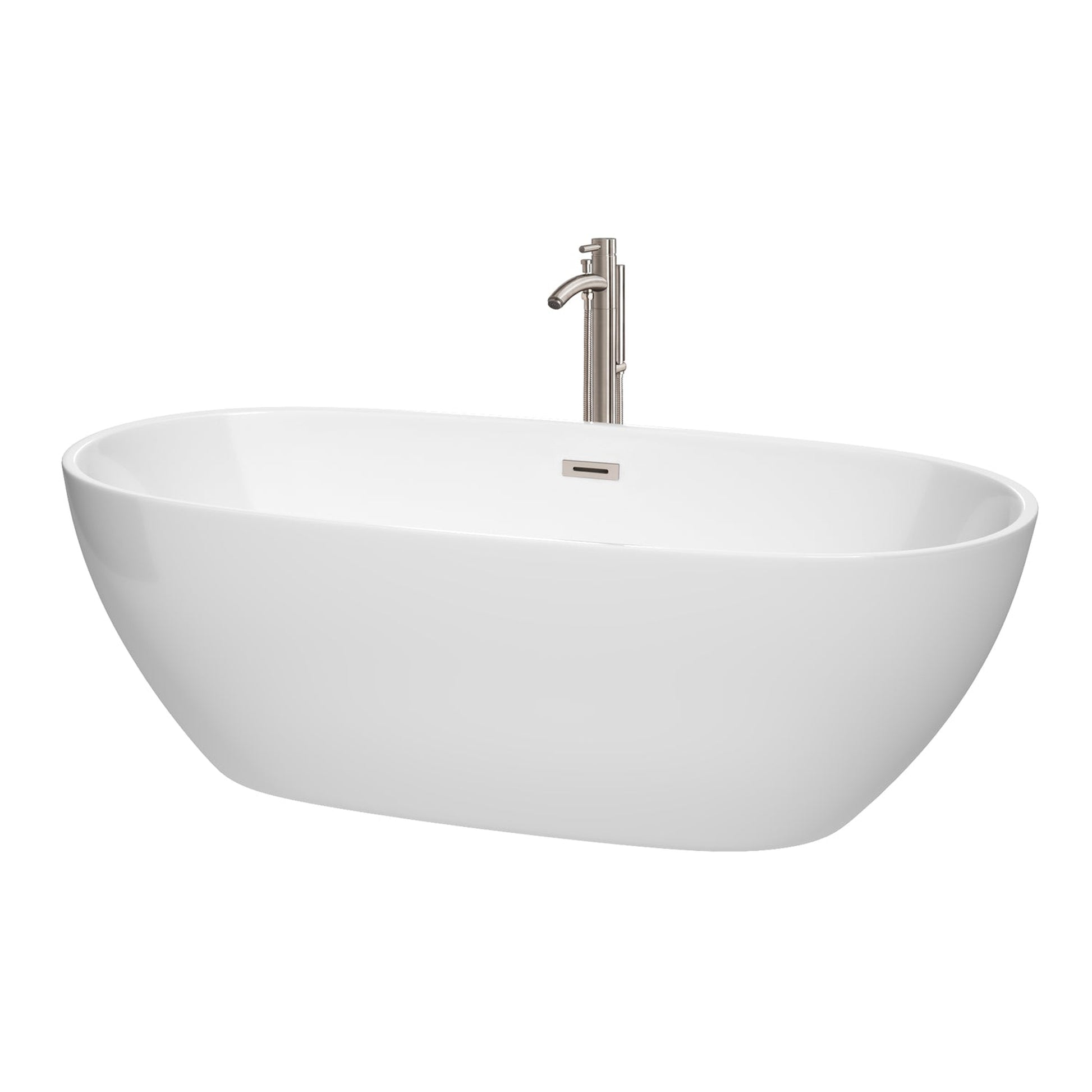 Wyndham Collection Juno 71" Freestanding Bathtub in White With Floor Mounted Faucet, Drain and Overflow Trim in Brushed Nickel