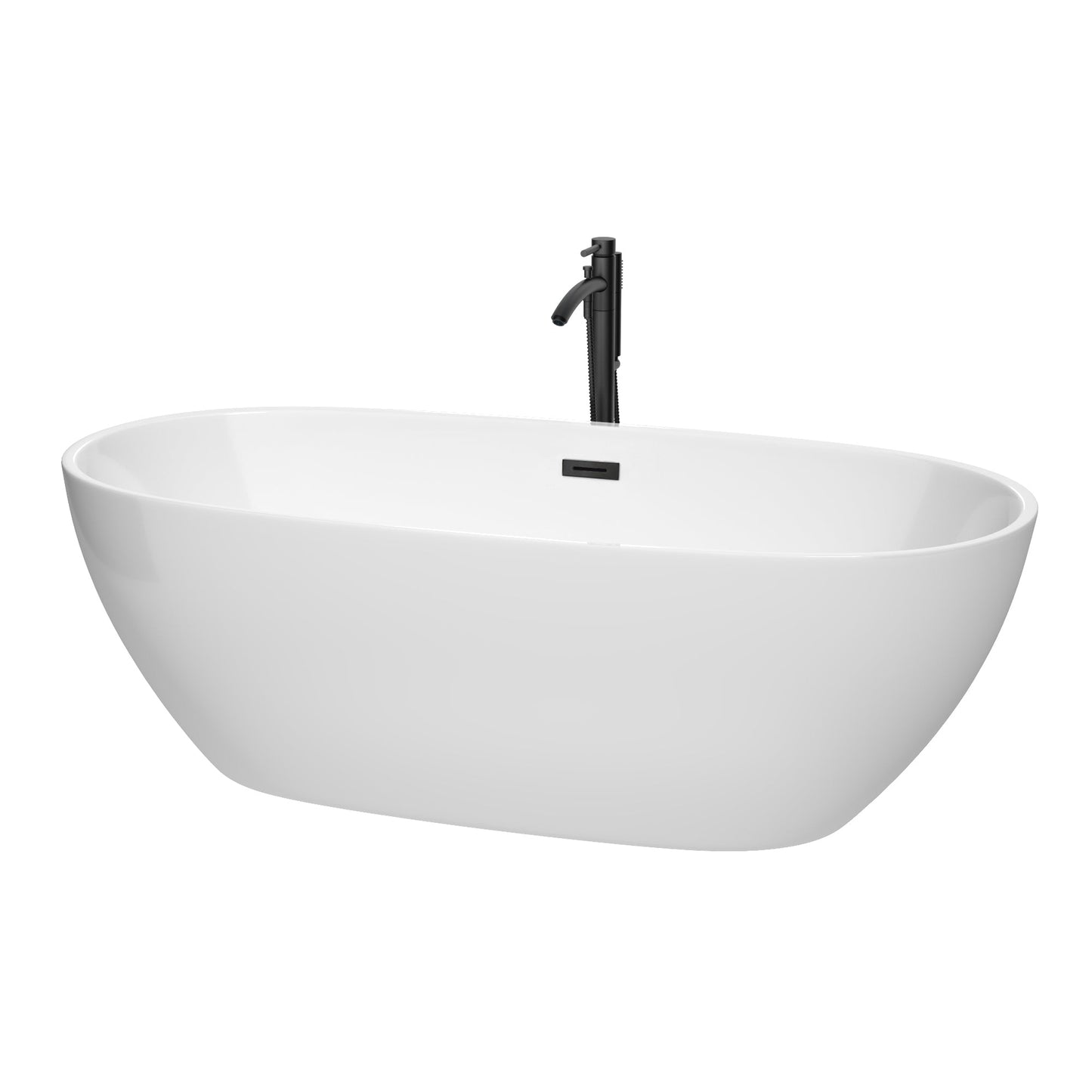 Wyndham Collection Juno 71" Freestanding Bathtub in White With Floor Mounted Faucet, Drain and Overflow Trim in Matte Black