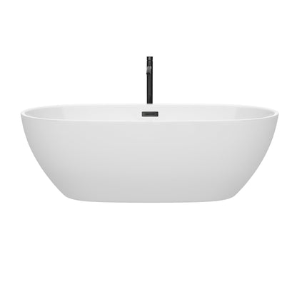 Wyndham Collection Juno 71" Freestanding Bathtub in White With Floor Mounted Faucet, Drain and Overflow Trim in Matte Black