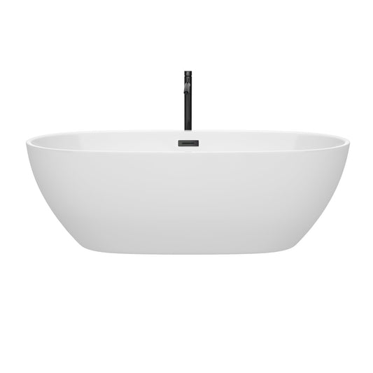 Wyndham Collection Juno 71" Freestanding Bathtub in White With Floor Mounted Faucet, Drain and Overflow Trim in Matte Black