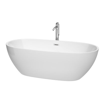 Wyndham Collection Juno 71" Freestanding Bathtub in White With Floor Mounted Faucet, Drain and Overflow Trim in Polished Chrome