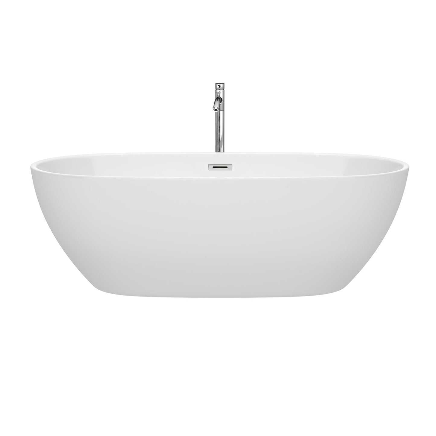 Wyndham Collection Juno 71" Freestanding Bathtub in White With Floor Mounted Faucet, Drain and Overflow Trim in Polished Chrome