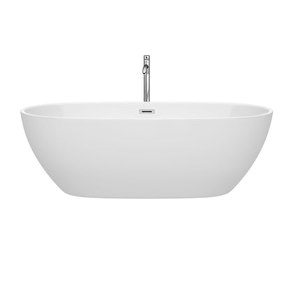 Wyndham Collection Juno 71" Freestanding Bathtub in White With Floor Mounted Faucet, Drain and Overflow Trim in Polished Chrome