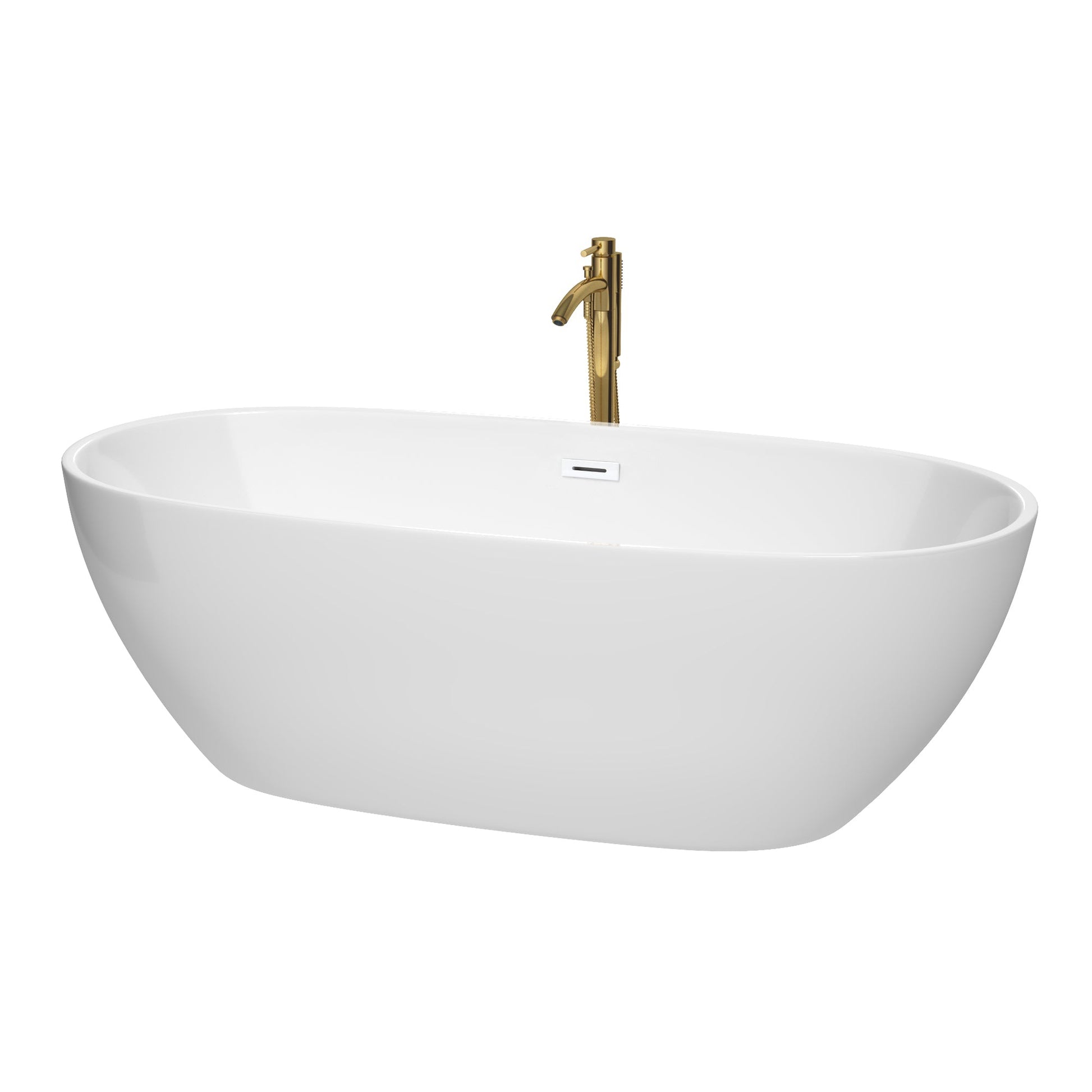 Wyndham Collection Juno 71" Freestanding Bathtub in White With Shiny White Trim and Floor Mounted Faucet in Brushed Gold