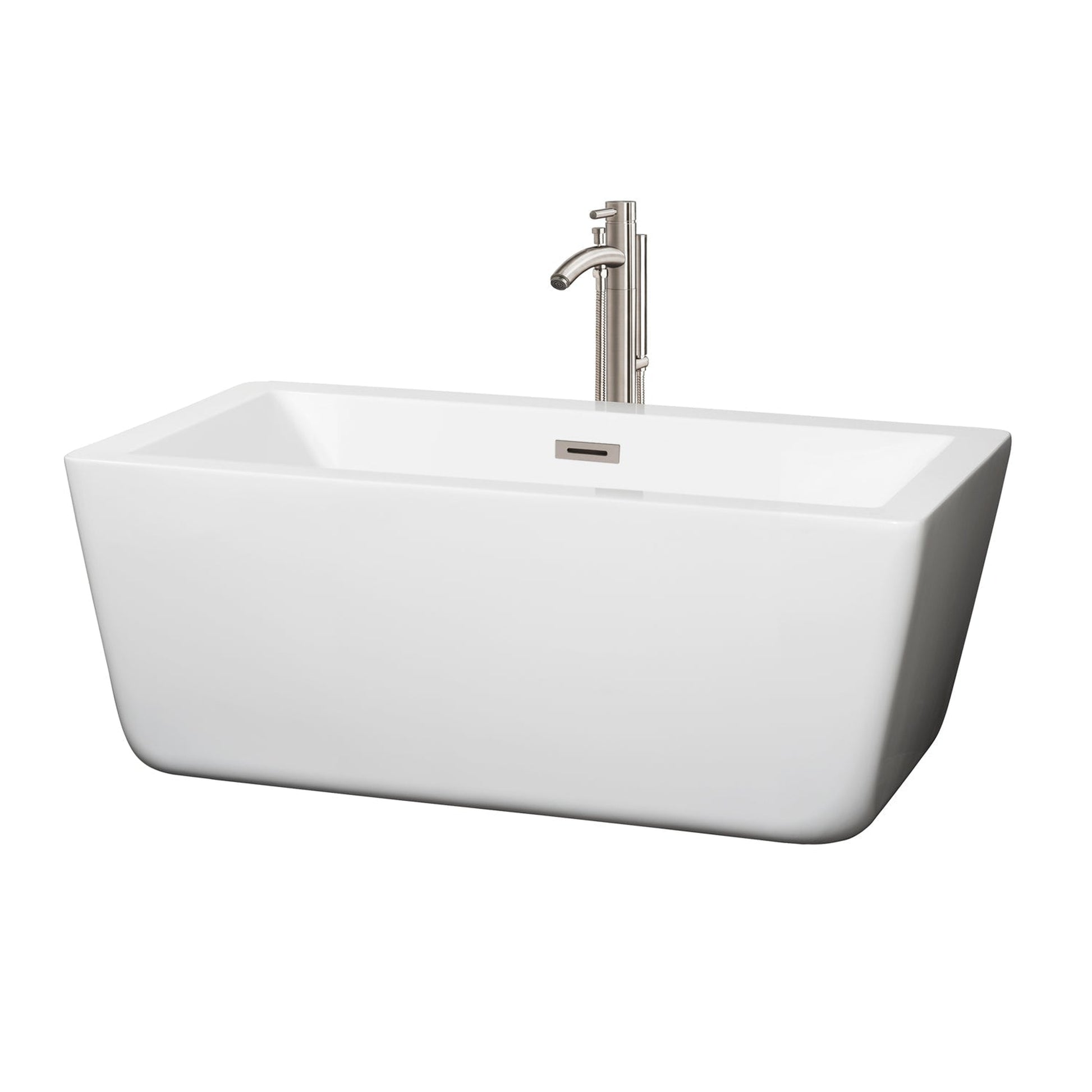 Wyndham Collection Laura 59" Freestanding Bathtub in White With Floor Mounted Faucet, Drain and Overflow Trim in Brushed Nickel