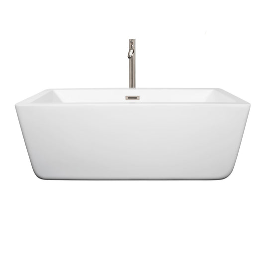 Wyndham Collection Laura 59" Freestanding Bathtub in White With Floor Mounted Faucet, Drain and Overflow Trim in Brushed Nickel