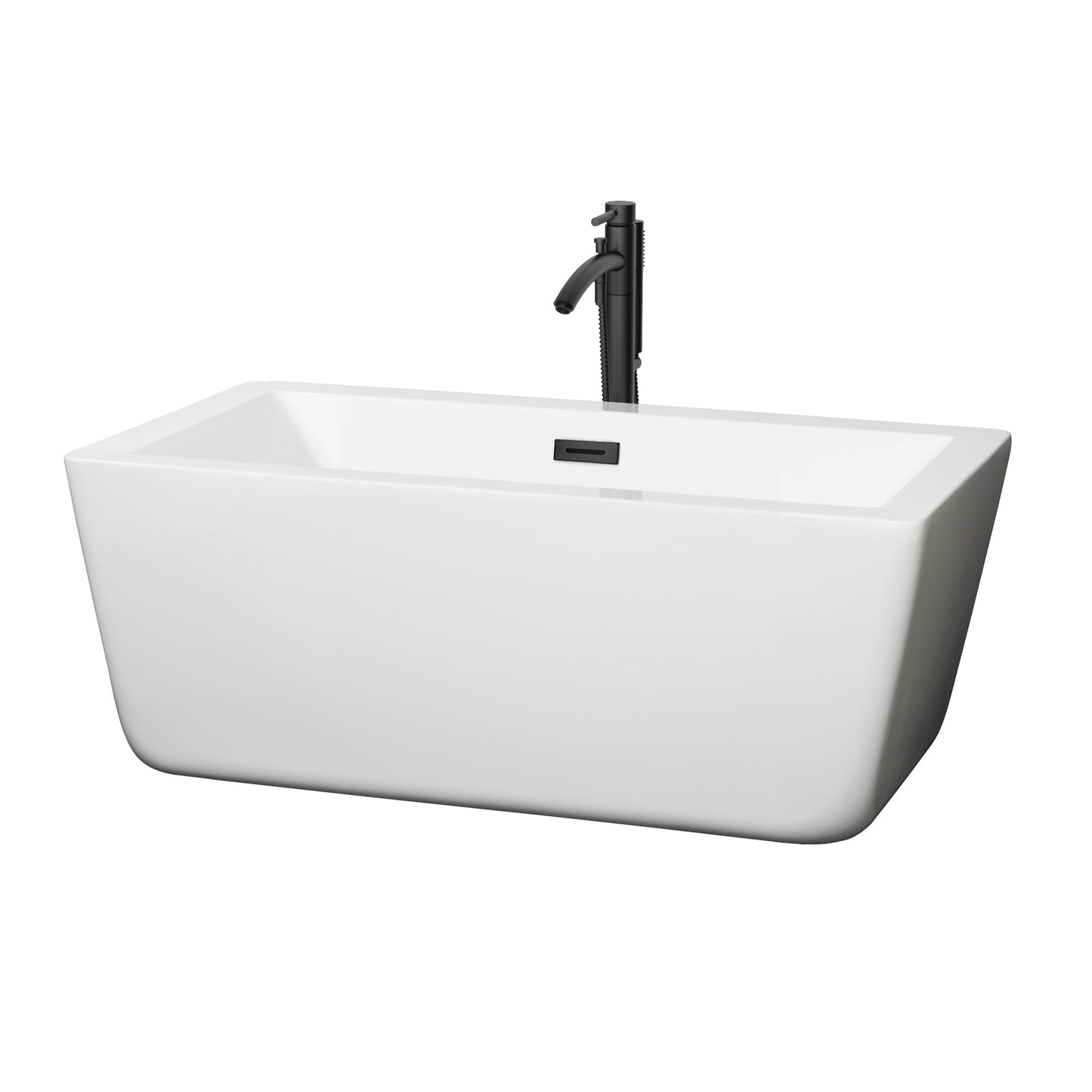 Wyndham Collection Laura 59" Freestanding Bathtub in White With Floor Mounted Faucet, Drain and Overflow Trim in Matte Black